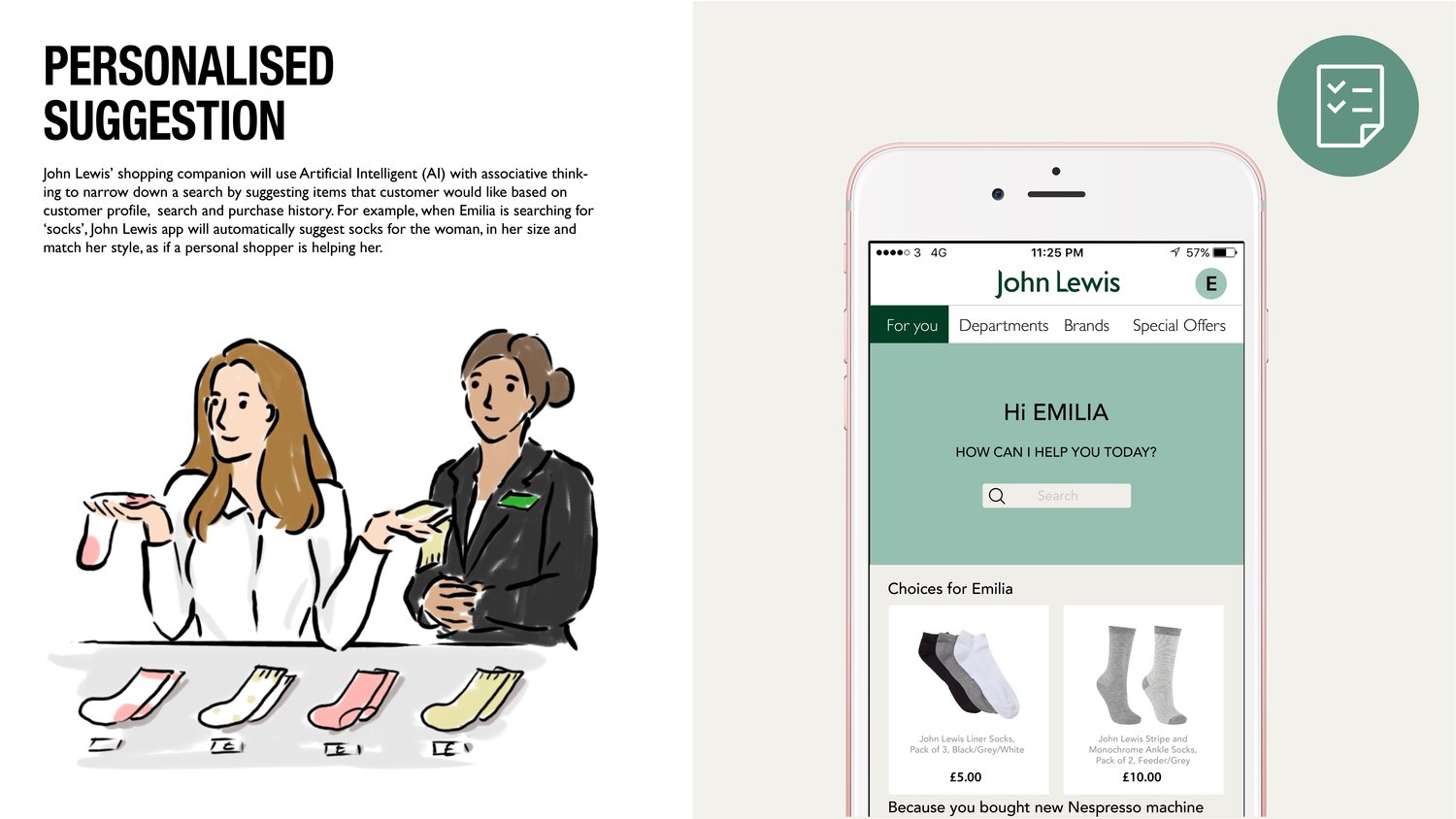 John Lewis 个性化购物助手概念与商品推荐界面